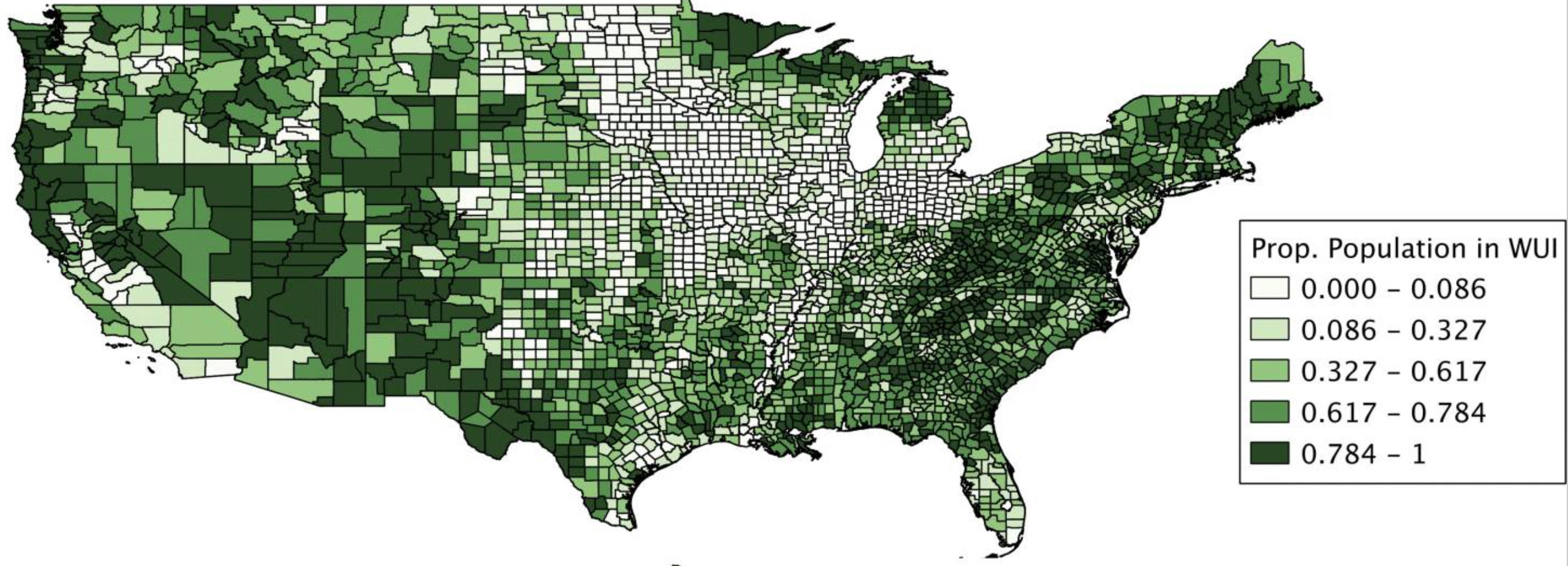 Map showing proportion of population living in Wildland-Urban Interface across U.S. counties